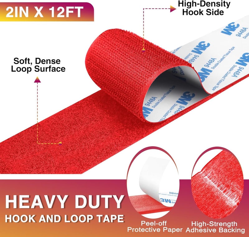 Summerbrite 12Ft x 2 Inch Hook and Loop Tape, Heavy Duty Double-Sided Adhesive Strips, Strong Sticky Back Fastener Roll, Cuttable Interlocking Tape Fasteners for Home, Office, Car, School & DIY Crafts Red - Image 2